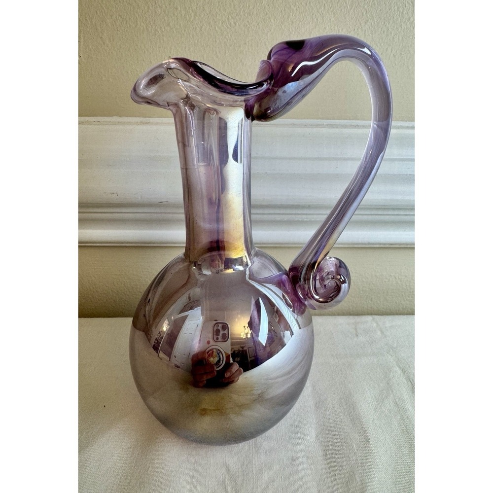 Studio Art Glass Pitcher Iridescent Purple Hand Blown Joe Deanda Dollywood-READ